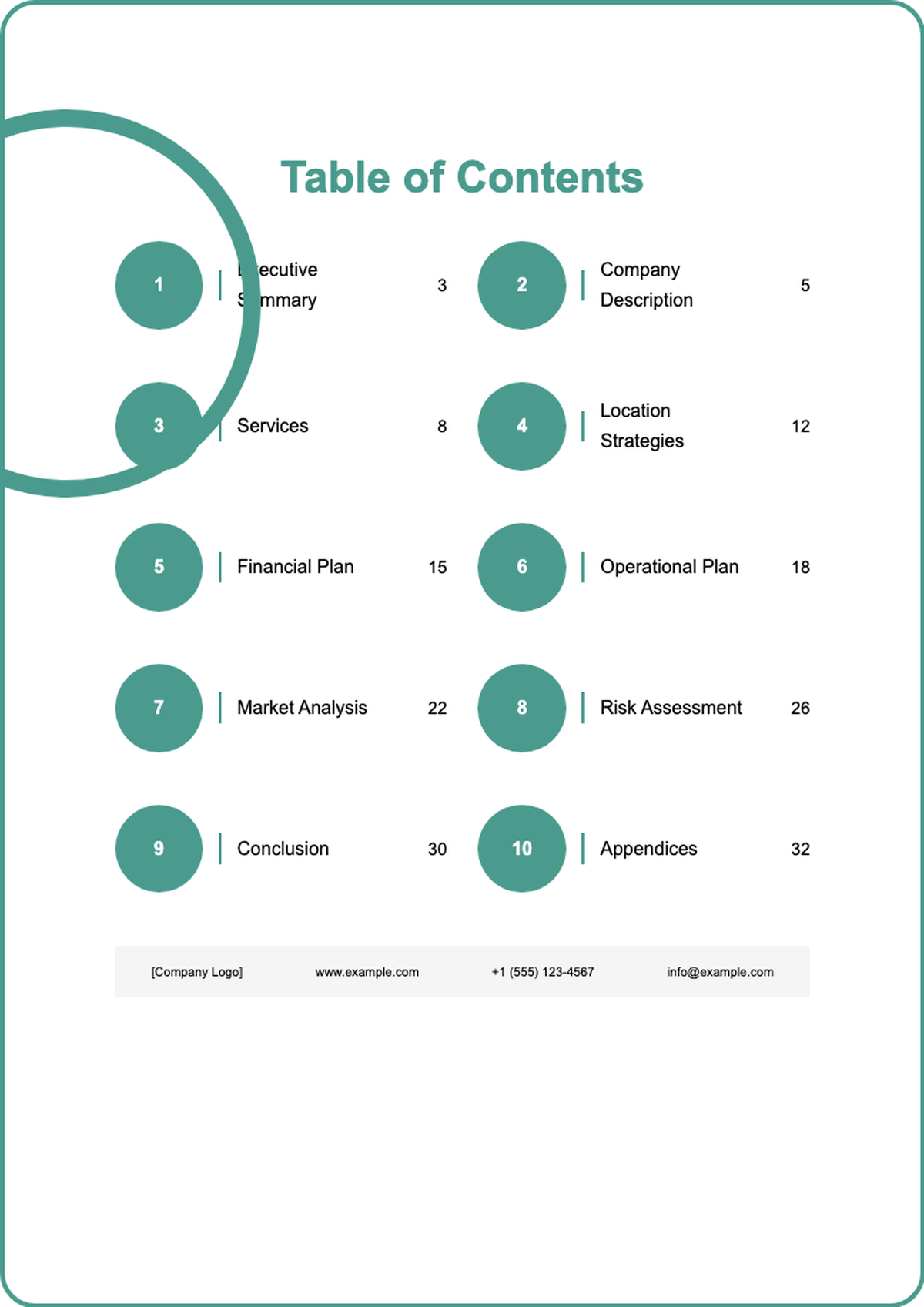 Professional business plan table of contents with teal circular header and numbered sections_variant_1